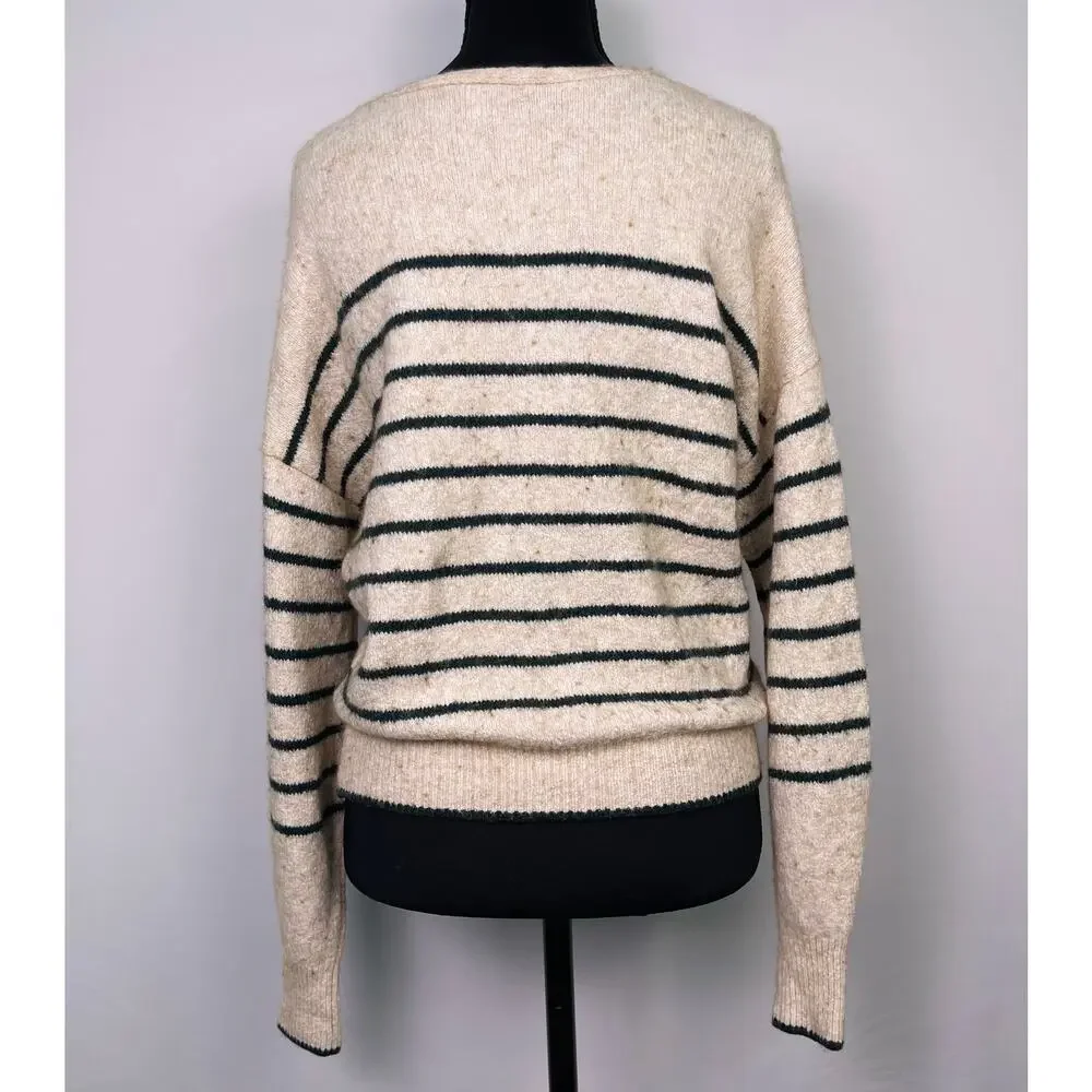 Madewell Merino Wool Oatmeal & Dark Green Striped V Neck Sweater Women’s Small - Picture 5 of 12